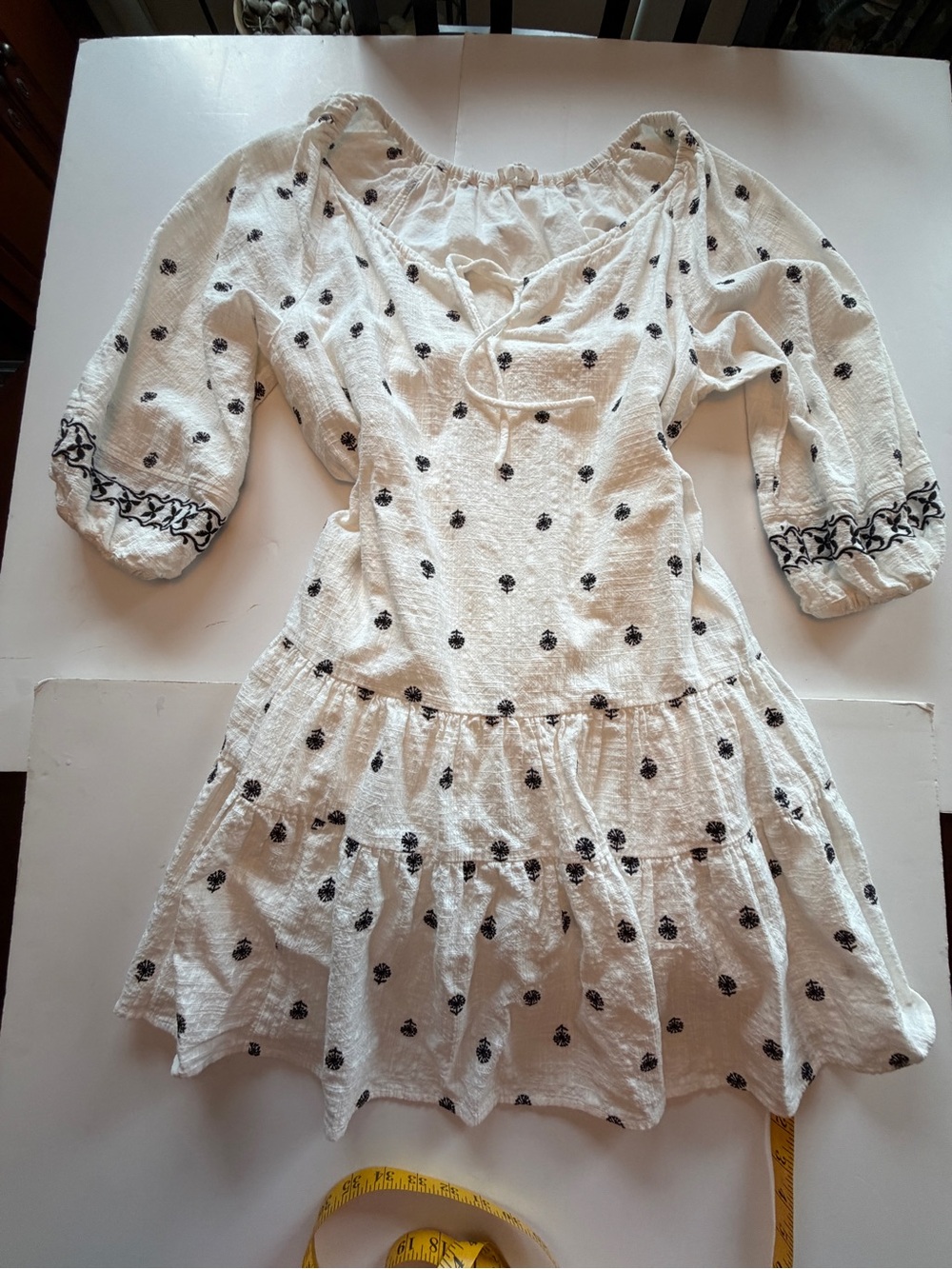 Cream Embroidered Tiered Casual Dress with Black Accents